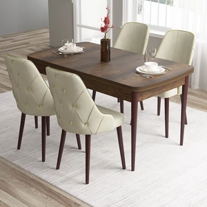 Concept Tia Serisi,  Barok Ahşap Desen 80X132 Açılabilir Mdf Mutfak Masası Takımı 4 Sandalye Gold Detay