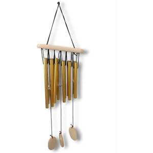 Gold Metal Çubuklu Ahşap Rüzgar Çanı Kapı Bahçe Balkon Teras Süsü