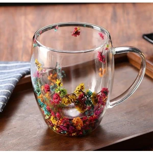 Kurutulmuş Çiçekli Kupa Hediyelik Çift Camlı Şık Dayanıklı Kahve Dış Mekan Çekim Kafe Kupa Bardağı 394 ml