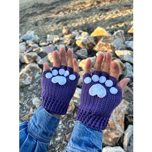 Sevimli Kedi Patisi Mor Örgü Parmaksız Kışlık Eldiven