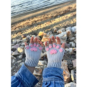 Sevimli Kedi Patisi Gri Pembe Örgü Parmaksız Kışlık Eldiven