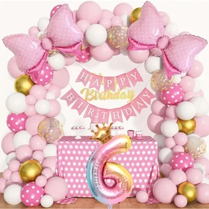 Pembe&beyaz Fiyonk Detaylı Prenses Taçlı  Kız Çocuk Yaş Seçenekli Doğum Günü Parti Kutlama Seti