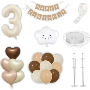 Balon Diyarı Retro Doğum Günü Parti Seti – Krem Rakam Folyo, Kraft Banner, 3'lü Kalp Folyo ve Lateks Balonlar
