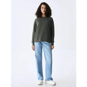 Kadın  Sıfır Yaka Uzun Kollu Basıc Yeşil Sweatshırt