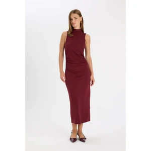 Bodycon Vücuda Oturan Basic Düz Yarım Balıkçı Yaka Kolsuz Maxi Bordo Elbise D5067AX24AU