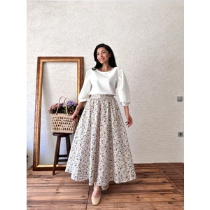Küçüğüm Butik Gri-Kahve Mini Çiçekli Kloş Poplin Etek