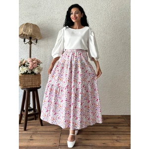 Küçüğüm Butik Pembe Çok Çiçekli Kat Kat Gofre Etek