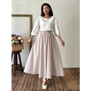 Küçüğüm Butik Ekru-Mor Karışık Çiçekli Kloş Poplin Etek