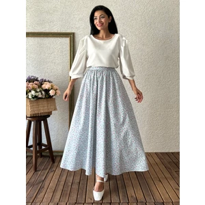 Küçüğüm Butik Turkuaz-Pembe Çiçekli Kloş Poplin Etek