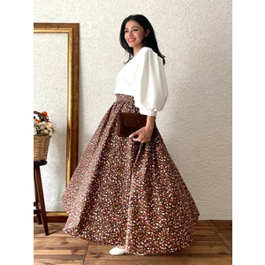 Küçüğüm Butik Kahverengi Çiçekli Kloş Poplin Etek