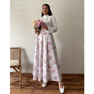 Küçüğüm Butik Beyaz Zemin Pembe-Mor Çiçekli Kloş Poplin Etek