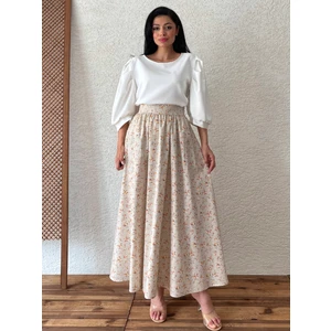 Küçüğüm Butik Krem-Kahve Çiçekli Kloş Poplin Etek