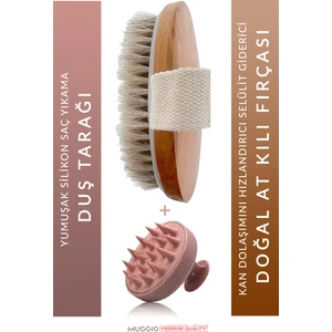 2li Set - %100 Doğal At Kılı Fırçası + Yumuşak Silikon Saç Derisi Masaj Şampuan Duş Fırçası