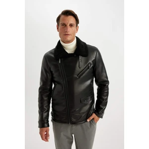 Su İtici Slim Fit Dar Kesim Astarlı Fermuarlı Cepli Kürk Yakalı Suni Deri Ceket Mont A4392AX24WN