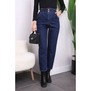 Lacivert Bel Lastikli Mom Jeans Pantolon