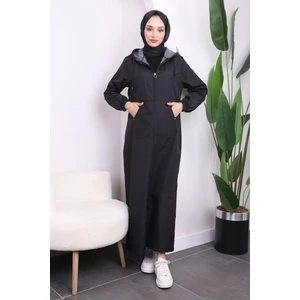 Siyah Kapşonlu Fermuarlı Kap