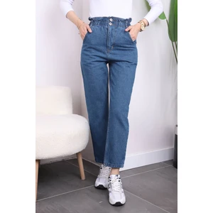 Koyu Mavi Bel Lastikli Mom Jeans Pantolon