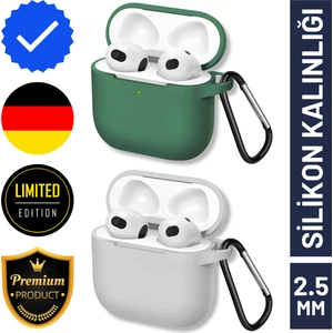 İkili Set | 4. Nesil Uyumlu Haki ve Açık Gri Premium Silikon Kulaklık Kılıfı - 2.5 mm Kalınlık