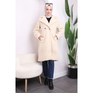 Krem Cepli Angora Peluş Kaban