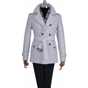 Italyan Stil Erkek Kısa Kaşe Trençkot Mont Kaban Gri T10078