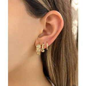 Mells Takı Üçlü Moder Şık Bir Arada x Detaylı Gold Küpe 316L Paslanmaz Çelik