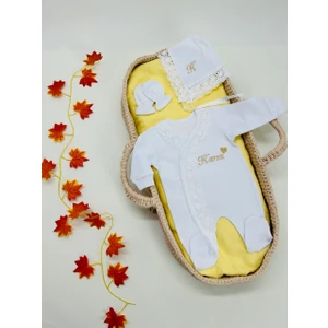 İnsta Bebe Isme Özel Dantelli Tulum Şapka Eldiven  Pamuk Hastane Çıkışı