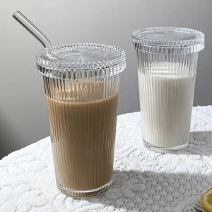 2 Adet 400 ml Cam Kapaklı Pipetli Origami Stil Cam Bardak | Kahve ve Sunum Bardağı| Meşrubat Bardağı
