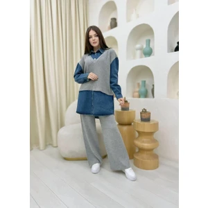 Premium Kalite Triko Detaylı Denim Gömlek Triko Pantolon Ikili Takım