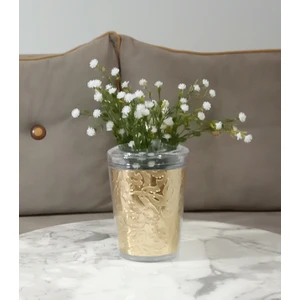 Vazo Dahil,Vazoda Çiçek,Beyaz Yapay Çiçek,Vazo Dekoratif Altın Yaprak 9x9x17cm