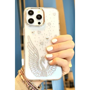Paladyum Case iPhone 14 Pro Max Uyumlu Taşlı Kuğu Desenli Şeffaf Kılıf