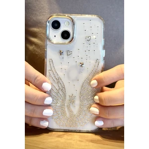 Paladyum Case iPhone 14 Plus Uyumlu Taşlı Kuğu Desenli Şeffaf Kılıf