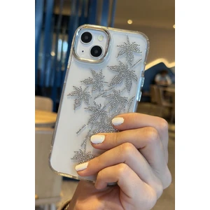 Paladyum Case iPhone 15 Uyumlu Taşlı Yaprak Desenli Şeffaf Kılıf