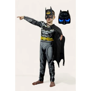 Batman Kaslı Çocuk Kostümü Işıklı Maskeli Siyah Pelerinli Maskeli Süper Kahraman Kaslı Kostümü