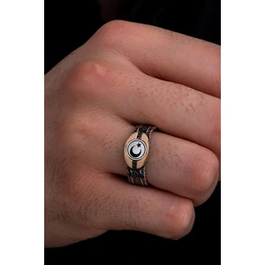 Ay Yıldız Bayrak Işlemeli Siyah Zirkon Taşlı Ince Kibar Erkek Yüzüğü