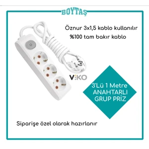 3'Lü 1 Metre Anahtarlı Grup Priz-Beyaz(Öznur 3*1,5 Kablo Kullanılır)