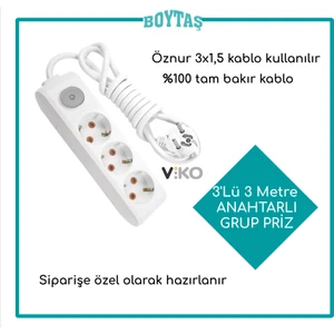 3'lü 3 Metre Anahtarlı Grup Priz-Beyaz(Öznur3*1,5 Kablo Kullanılır)