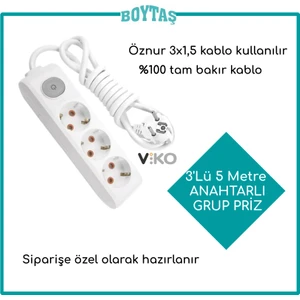 3'lü 5 Metre Anahtarlı Grup Priz-Beyaz(Öznur 3*1,5 Kablo Kullanılır)