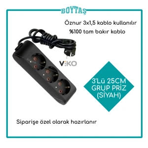 3'lü 25CM Grup Priz-Siyah(Öznur 3*1,5 Kablo Kullanılır)