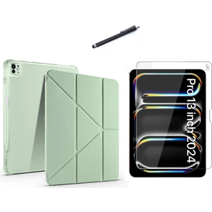 Apple iPad Pro 13 2024 M4 (A2925-A2926) Tri Fold Kalemlikli Tablet Kılıfı Ekran Koruyucu ve Kalem