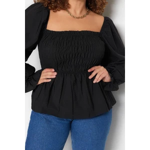 Stil Kadın Gipeli Bluz Crop Dokuma Fitted Kalıp Büyük Beden Büzgülü/fırfırlı Kol