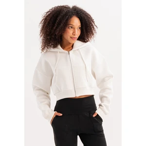 Crop Kapüşonlu Fermuarlı Kanguru Cepli Şardonlu Hoodie Ekru Kadın Sweatshirt - Lumen