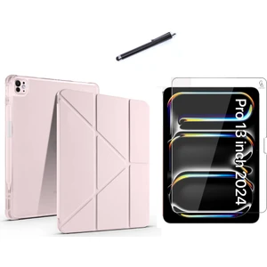 Apple iPad Pro 13 2024 M4 (A2925-A2926) Tri Fold Kalemlikli Tablet Kılıfı Ekran Koruyucu ve Kalem
