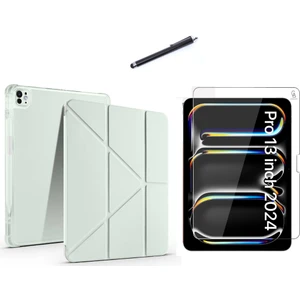 Apple iPad Pro 13 2024 M4 (A2925-A2926) Tri Fold Kalemlikli Tablet Kılıfı Ekran Koruyucu ve Kalem