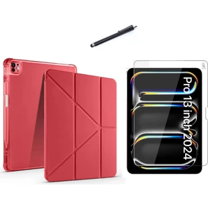 Apple iPad Pro 13 2024 M4 (A2925-A2926) Tri Fold Kalemlikli Tablet Kılıfı Ekran Koruyucu ve Kalem