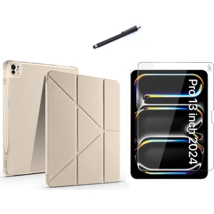 Apple iPad Pro 13 2024 M4 (A2925-A2926) Tri Fold Kalemlikli Tablet Kılıfı Ekran Koruyucu ve Kalem