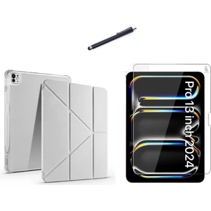 Apple iPad Pro 13 2024 M4 (A2925-A2926) Tri Fold Kalemlikli Tablet Kılıfı Ekran Koruyucu ve Kalem