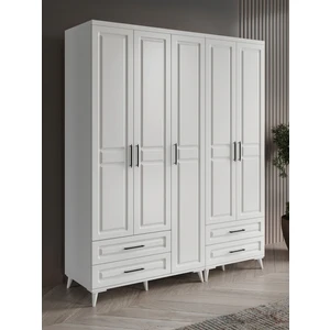 Ücretsiz Montaj - %100 MDF Gözde 5 Kapaklı Beyaz Gardırop - MDF Dolap - Elbise Dolabı