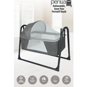 Sallanır Portatif Cibinlikli Anne Yanı Bebek Beşik Koyu Gri