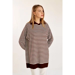 5345 Çizgi Polo Yaka Kazak Acı Kahve