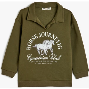 Polo Yaka Sweatshirt At Baskılı Uzun Kollu Şardonlu